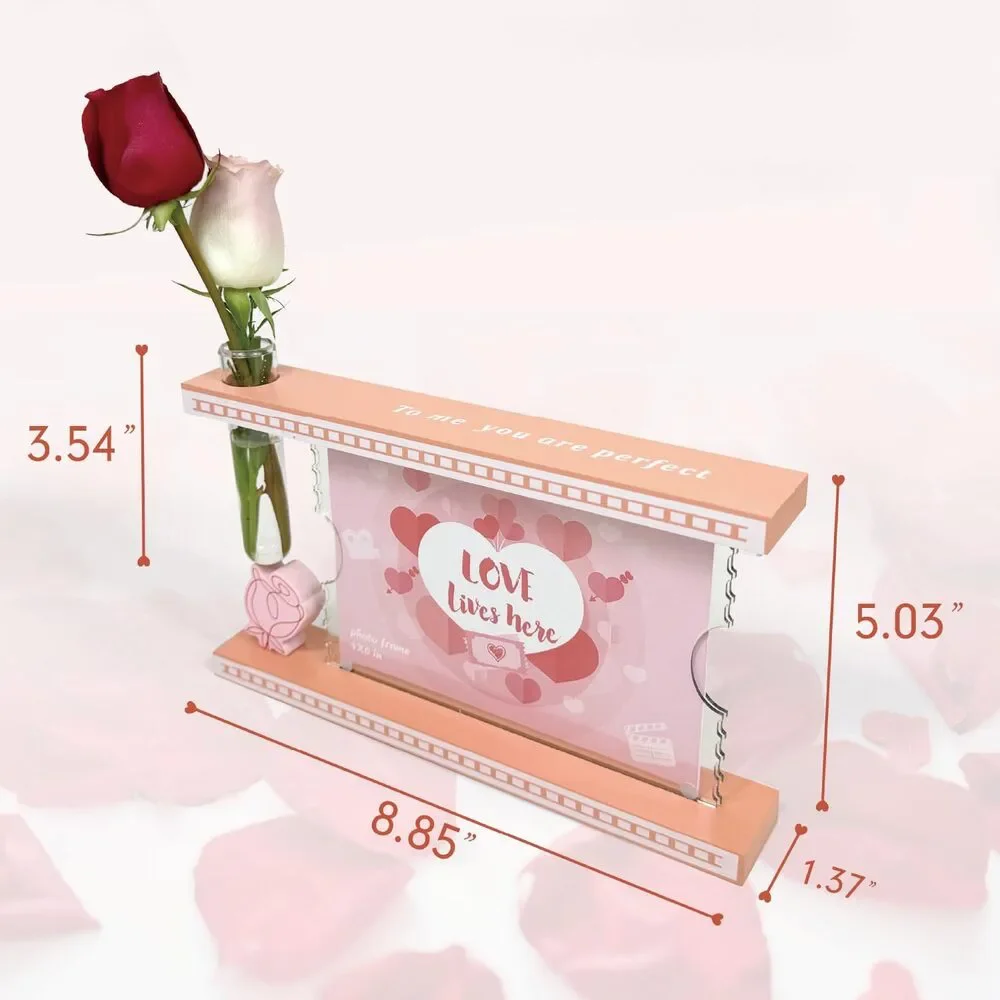 Valentine’s Day Picture Frame with Glass Vase – 4x6 Pink Floral Wood Frame Gift